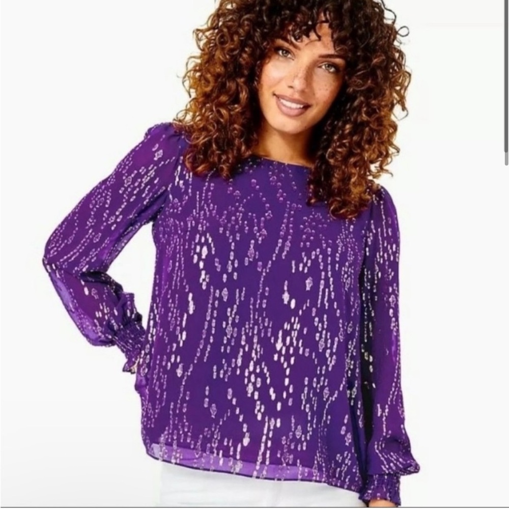 EUC Lilly Pulitzer Idina Long Sleeve Silk Top Purple Berry Fish Clip Chiffon - Picture 3 of 7